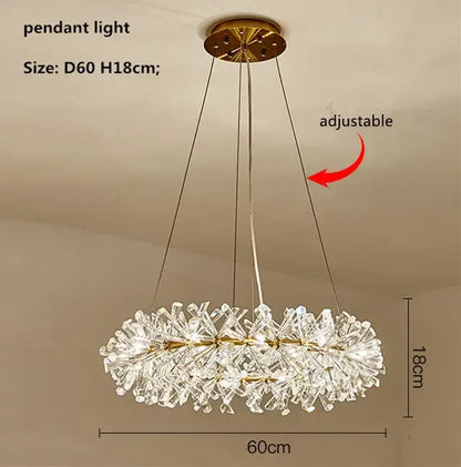 Gold-toned double tiered decorbites crystal flower chandelier with circular frame and dangling crystal shards for dining room decor