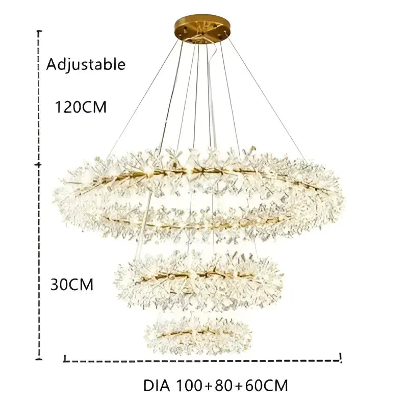 Gold double tiered crystal flower chandelier with gold-toned rings and clear decorbites crystal flowers for dining room decor