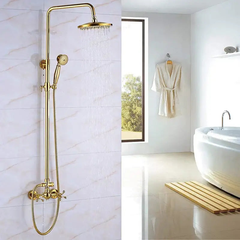 Gold dual handle rainfall shower system in brass with ceramic handles and rainhead for bathroom decorbites dual handle rainfall shower
