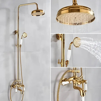 Gold dual handle rainfall shower system with ceramic handles features a gold finish rainfall shower and handheld sprayer