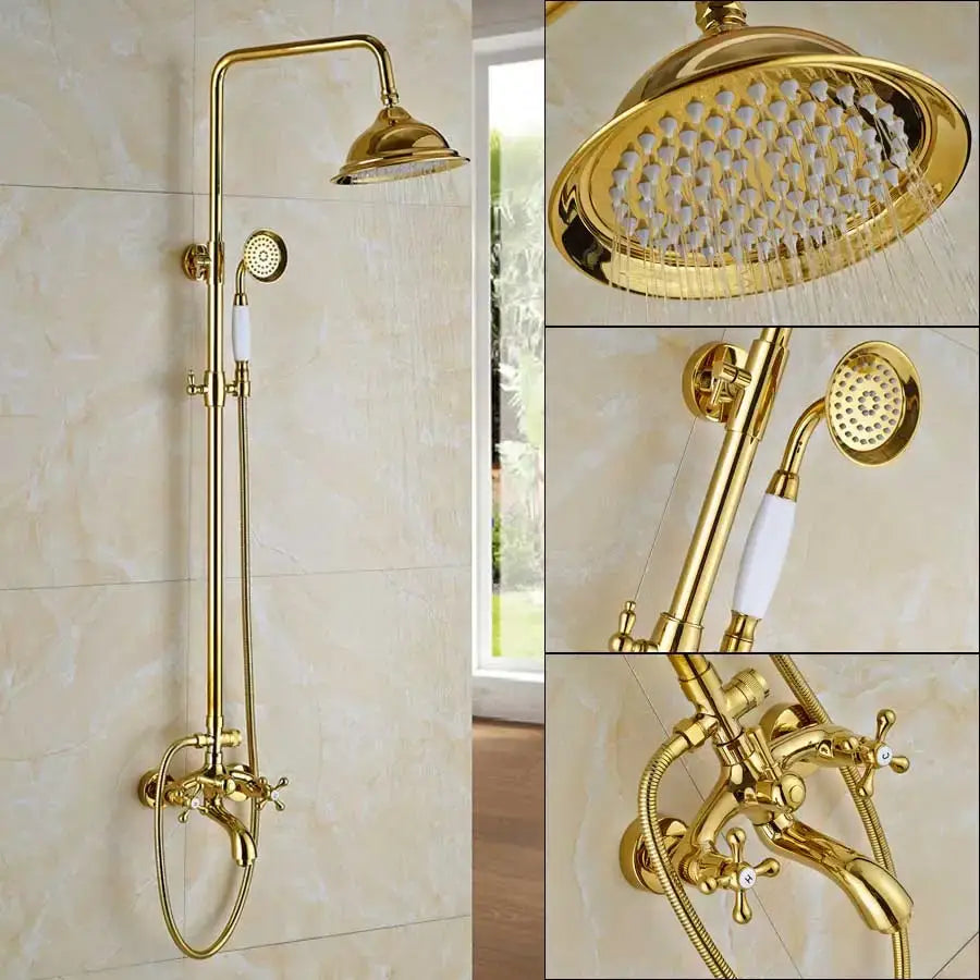Gold dual handle rainfall shower system with ceramic handles in brass finish featuring a large rainfall shower and handheld spray