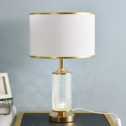 Gold faceted clear crystal glass table lamp with white fabric shade and brass trim for bedroom decorbites clear crystal