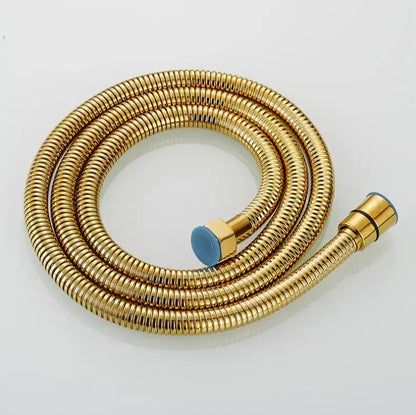 Gold flexible stainless steel shower hose with brass fittings and blue rubber cap for bathroom use