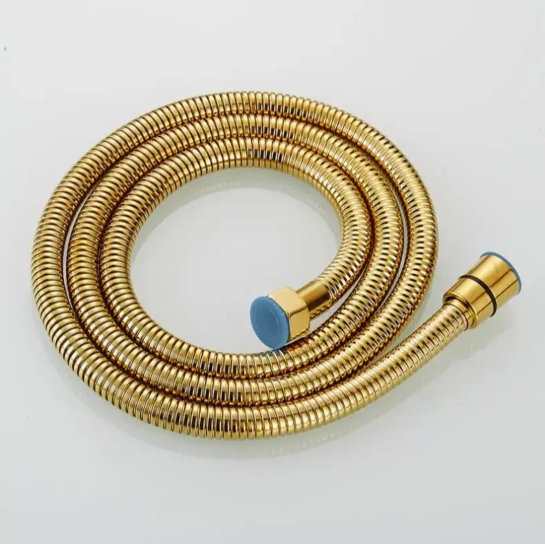 Gold flexible stainless steel shower hose with brass fittings and blue rubber cap for bathroom use