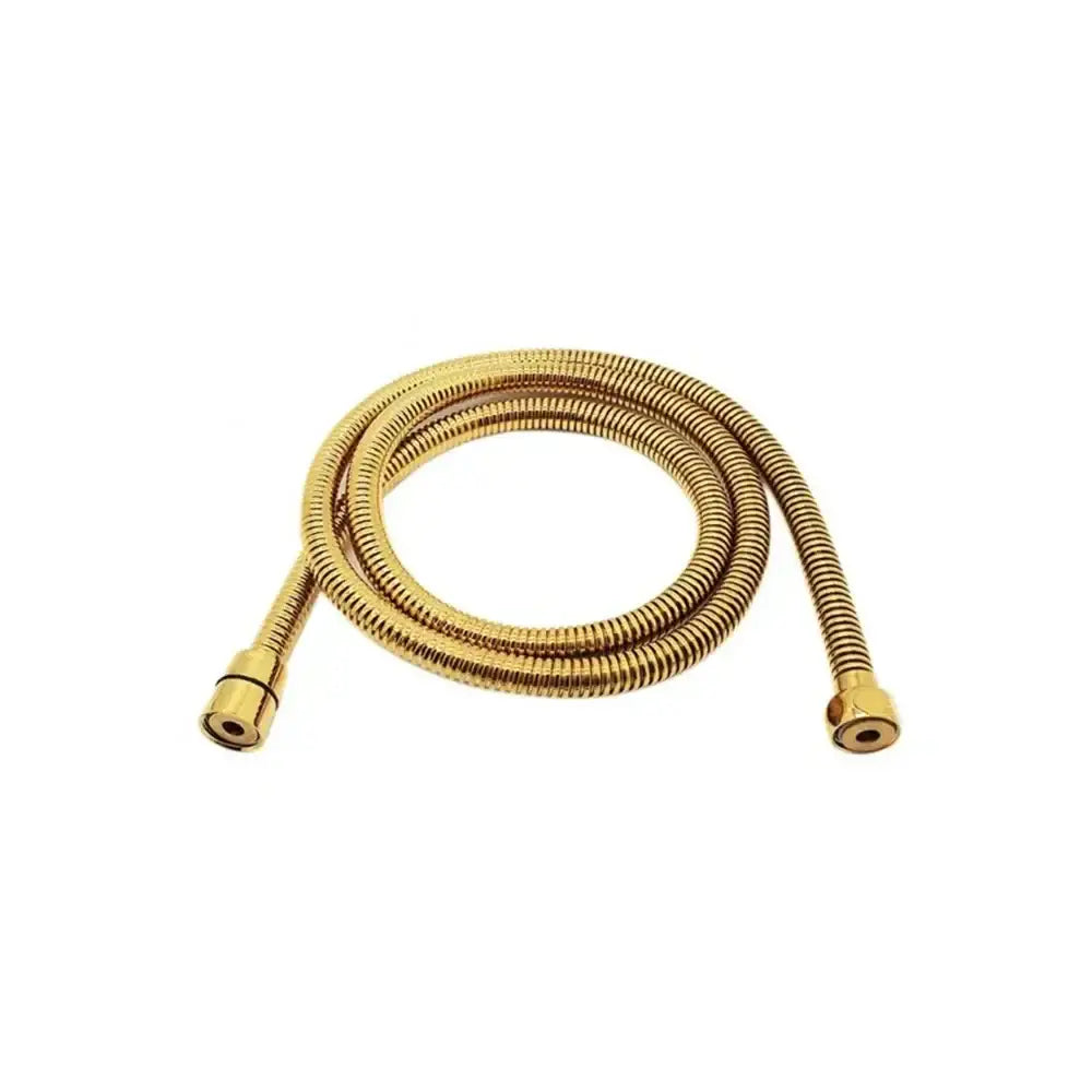 Gold flexible stainless steel shower hose with ribbed texture and brass fittings for bathroom use