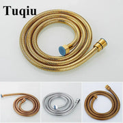 Gold flexible stainless steel shower hose with brass fittings and blue rubber nozzle cap for bathroom use