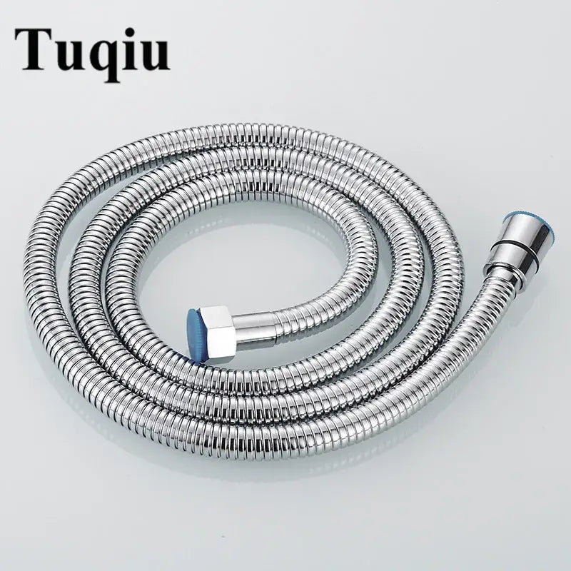 Tuqiu brand gold flexible stainless steel shower hose with chrome finish, ribbed metal construction, and blue-tipped connectors