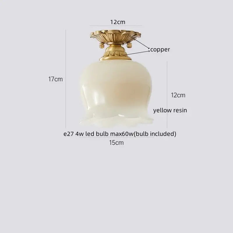Gold flower frosted glass ceiling lamp with a golden copper base and yellow resin globe for hallway decorbites cotton shape led