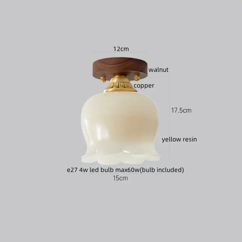 Gold flower frosted glass ceiling lamp with off-white yellow resin lampshade and brass copper base on walnut disc decorbites cotton shape led