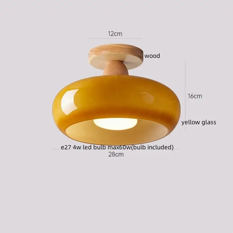 Gold flower frosted glass ceiling lamp with warm amber yellow glass pendant light and natural wood mount decorbites cotton shape