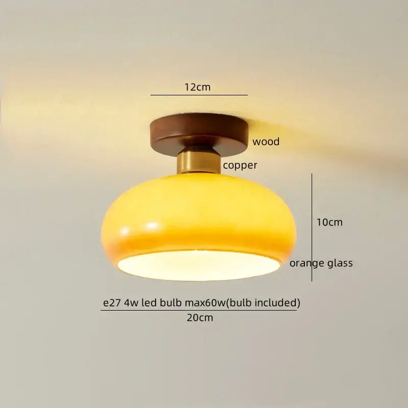 Gold flower frosted glass ceiling lamp with warm yellow-orange dome and wooden copper base ideal for decorbites cotton shape led lighting