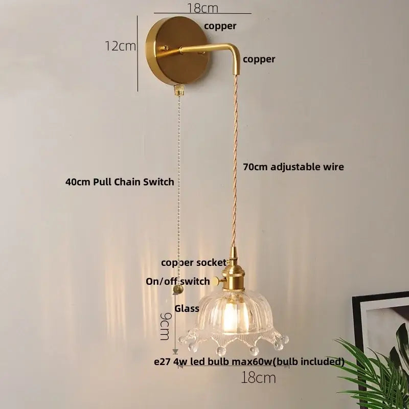 Copper-finished wall lights with clear glass led lampshade and adjustable wire for bedroom decorbites clear glass sconce