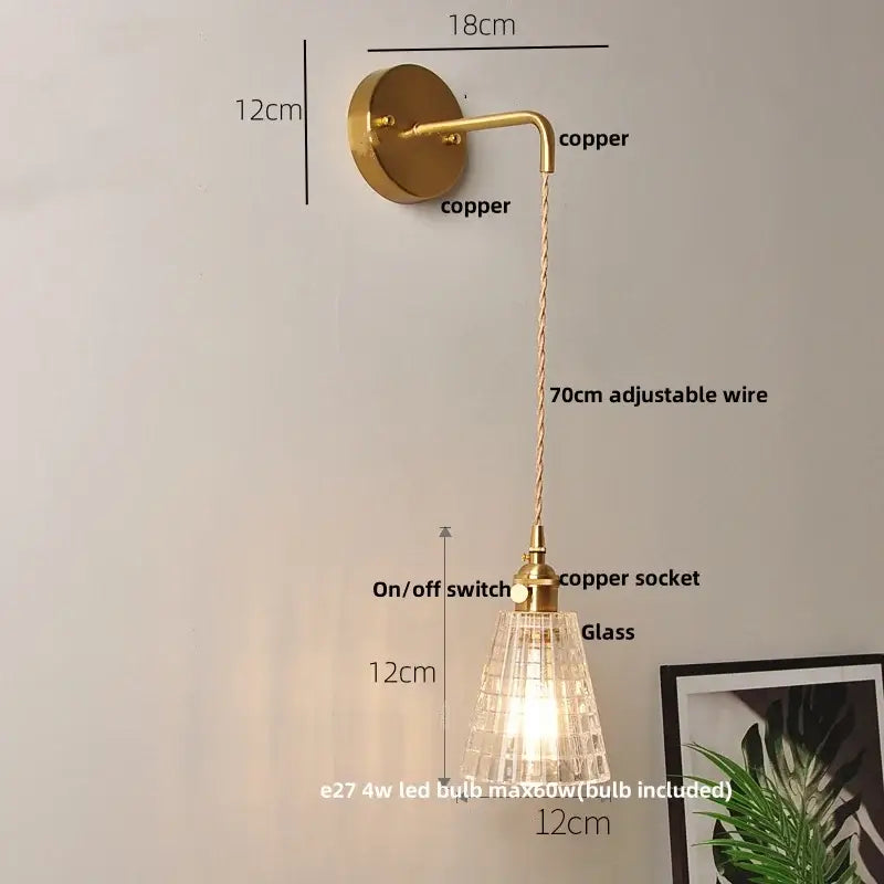 Gold copper wall lights with textured clear glass led shade and adjustable wire for bedroom decorbites clear glass sconce