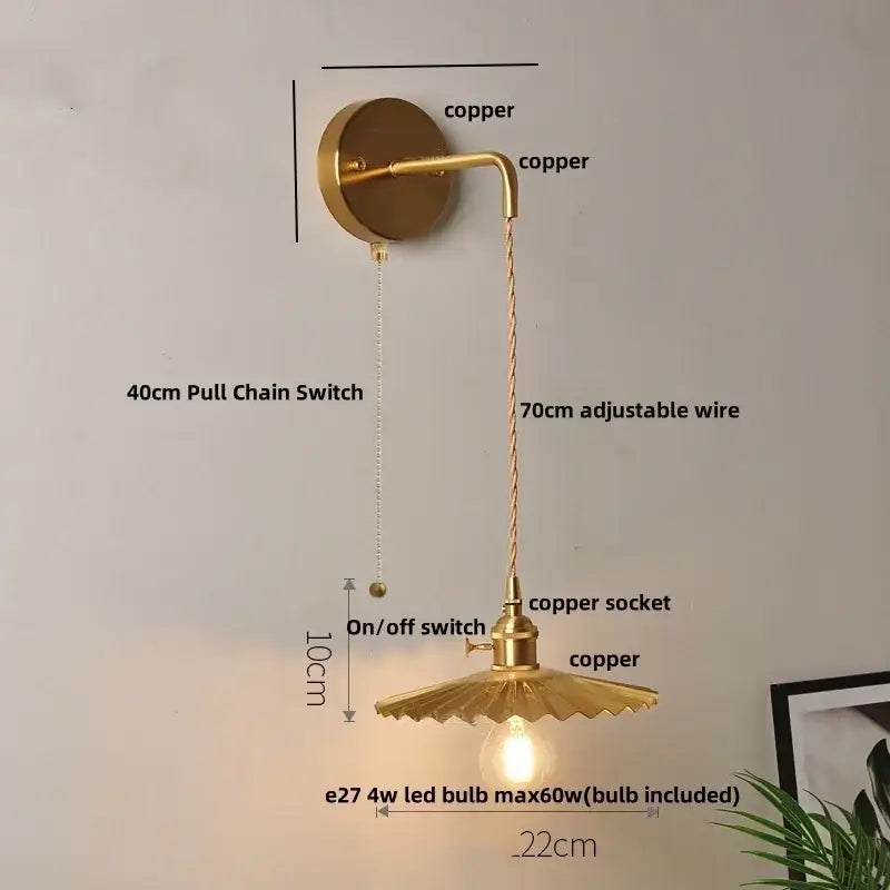 Brass-finished vintage-style wall lights with scalloped shade and adjustable copper wire featuring clear glass led crystals