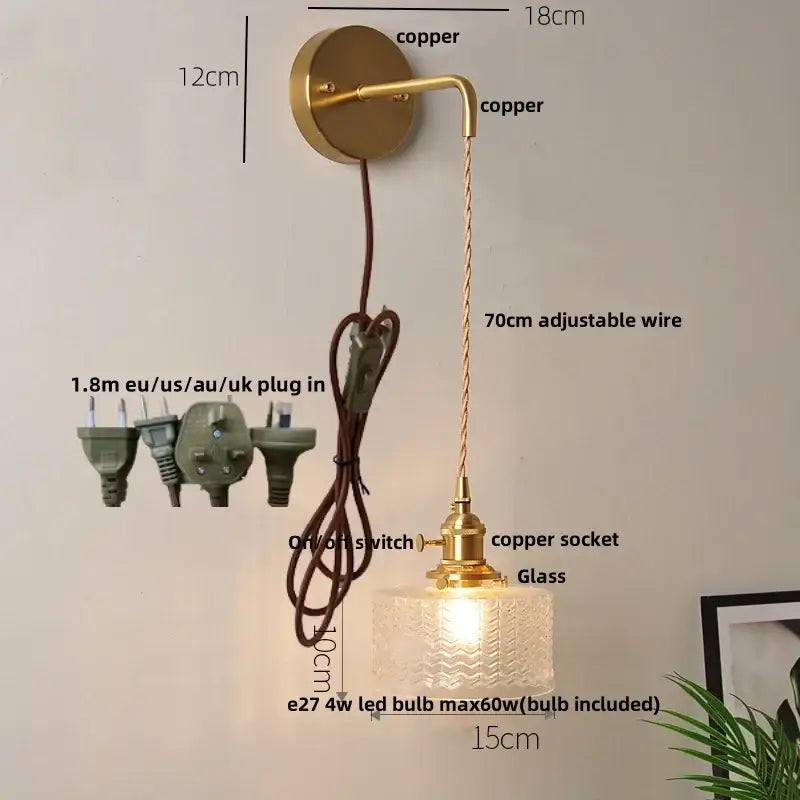 Vintage-style copper wall lights with textured clear glass led shade and adjustable wire for bedroom decorbites clear glass lighting