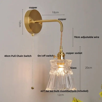 Gold fluted clear glass led wall lights with brass-finished copper arm and ornate cut-glass shade for bedroom decorbites clear glass
