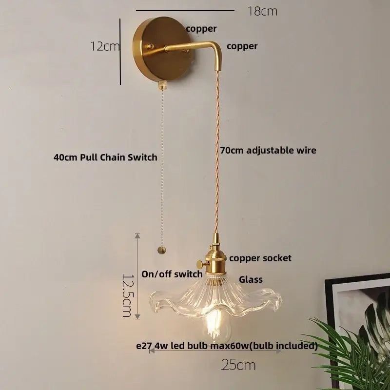 Vintage-style copper wall light with clear fluted glass led shade and adjustable 70cm wire by decorbites clear glass