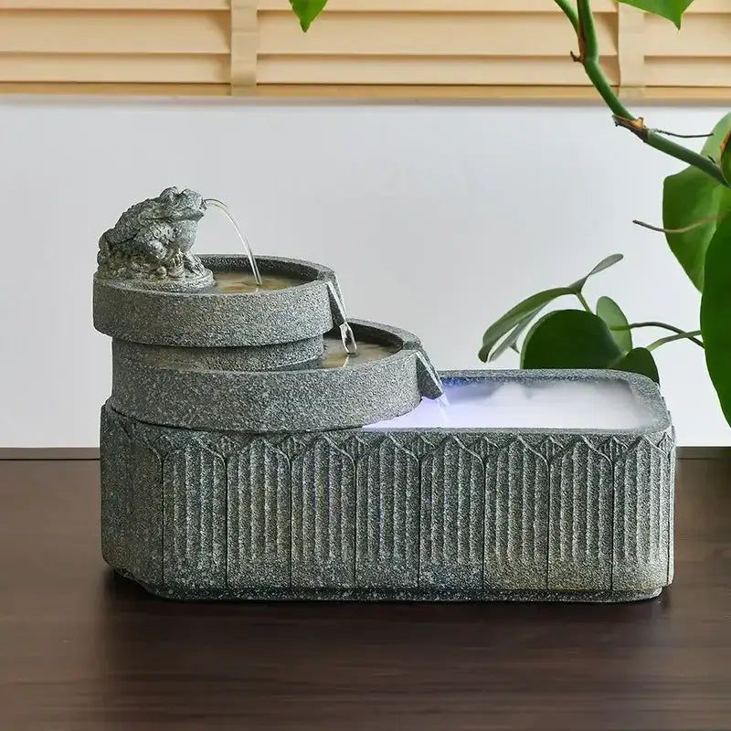 Gray stone flowing water fountain with frog figurine and blue light for fish pond tank garden ornament