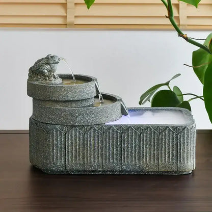 Gray stone flowing water fountain with frog figurine and blue light for fish pond tank garden ornament