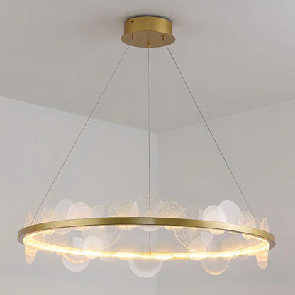 Gold-toned circular texture led ring chandelier with frost texture led glass orbs and wireframe accents for living room decorbites
