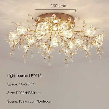 Gold-toned glass flower chandelier ceiling lamp with 19 led lights and delicate floral branch design for living room