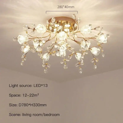 Gold-toned glass flower chandelier ceiling lamp with 13 led lights and clear crystals for living room use