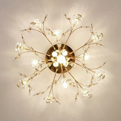 Gold-toned glass flower chandelier ceiling lamp with delicate crystal branch design for living room ceiling lamp