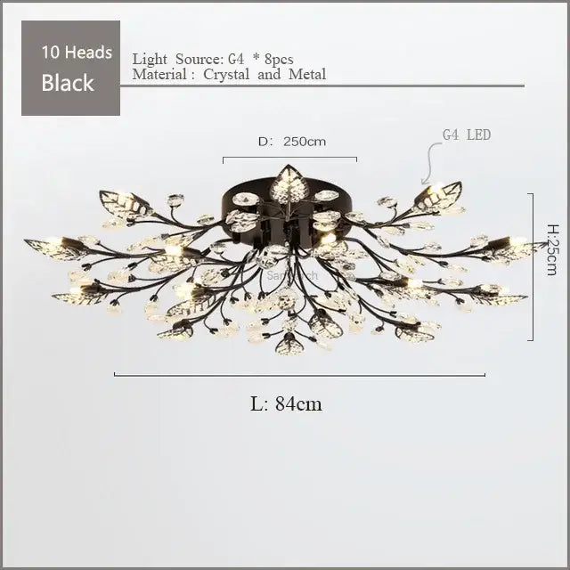 Black crystal and metal gold leaf crystal ceiling chandelier led with leafy branch design for living room decorbites crystal ceiling