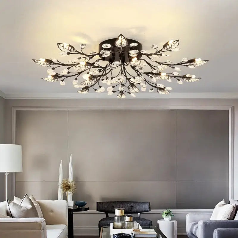 Black metal crystal ceiling chandelier led with branch and leaf accents for elegant living room decorbites crystal ceiling