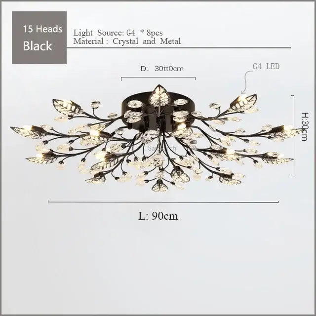 Black crystal and metal decorbites crystal ceiling chandelier with 15 illuminated leaf-shaped heads for living room