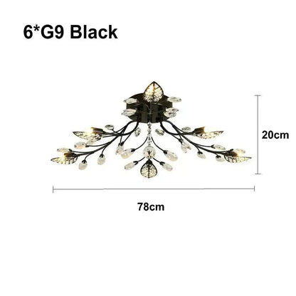 Black wrought iron decorbites crystal ceiling chandelier with six g9 bulbs and clear crystal leaf droplets for living room