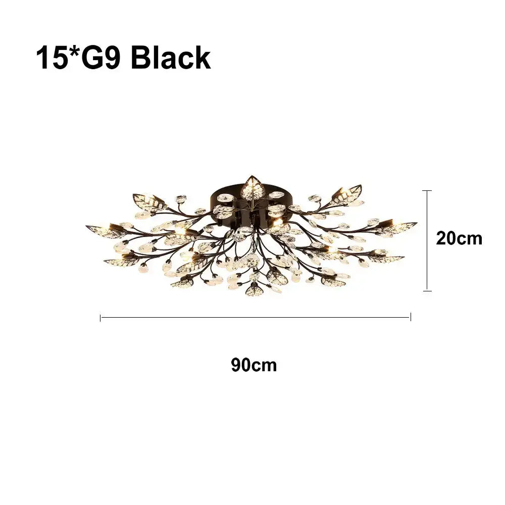 Black metal decorbites crystal ceiling chandelier with intricate gold leaf and crystal designs featuring 15 g9 bulbs