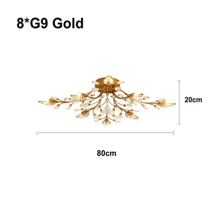 Gold-toned decorbites crystal ceiling chandelier with intricate leaf design and eight g9 bulbs for living room use