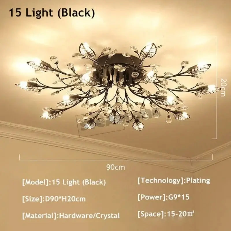 Black crystal decorbites crystal ceiling chandelier with gold leaf branch design for living room lighting