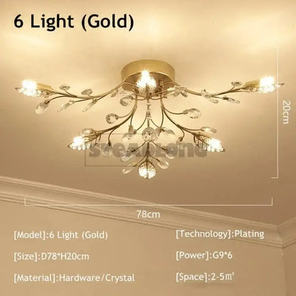 Gold-plated decorbites crystal ceiling chandelier with six lights and crystal droplets for living room lighting
