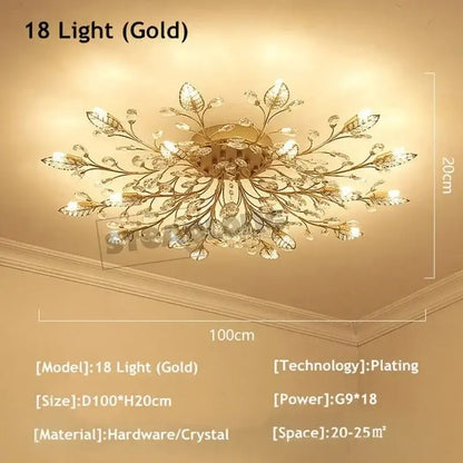 Gold-plated decorbites crystal ceiling chandelier with intricate leaf and crystal designs for living room light
