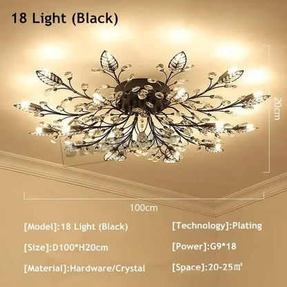 Black metal decorbites crystal ceiling chandelier with 18 lights featuring gold crystal leaves and blossoms for living room