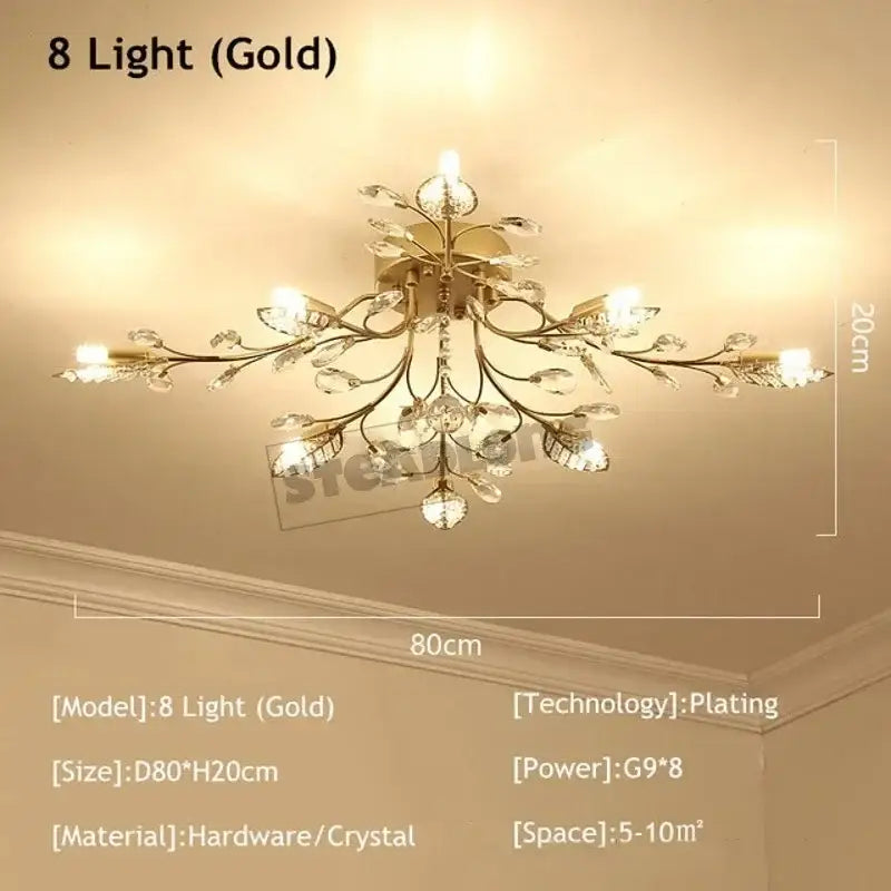 Gold-plated decorbites crystal ceiling chandelier with eight lights and clear crystal accents for living room use