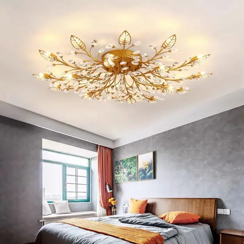 Gold leaf decorbites crystal ceiling chandelier with clear crystal accents for elegant living room lighting
