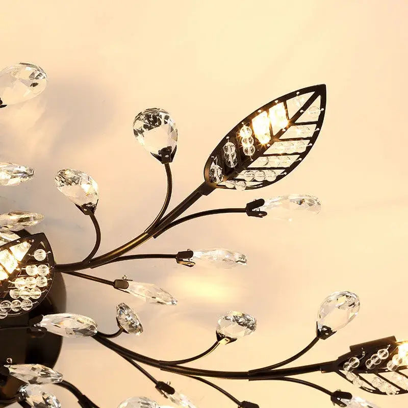 Decorbites crystal ceiling chandelier with dark bronze leaf frame and clear crystal droplets for living room lighting