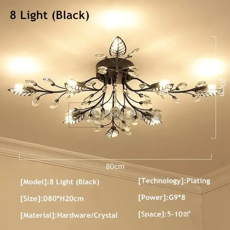 Black leaf-themed decorbites crystal ceiling chandelier with crystal accents and plating finish for living room light