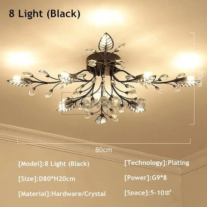 Black leaf-themed decorbites crystal ceiling chandelier with crystal accents and plating finish for living room light