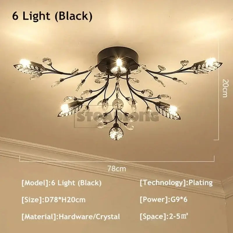 Black metal decorbites crystal ceiling chandelier with gold leaf accents and six lights for living room lighting