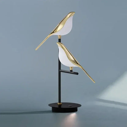 Gold led bird desk lamp with sleek metallic finish in gold and white for bedroom and living room decorbites led bird lighting
