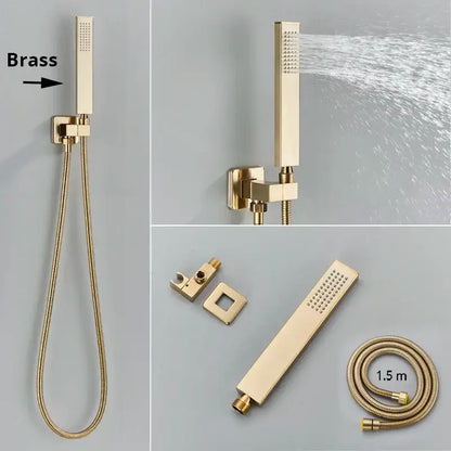 Gold finished brass rainfall waterfall head with rectangular spray face mounted on matching wall bracket for bathtub mixer tap