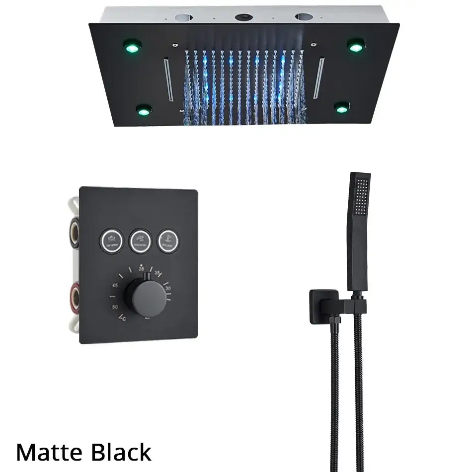 Matte black rectangular rainfall waterfall head with green led lights and multiple jets for bathtub mixer tap system