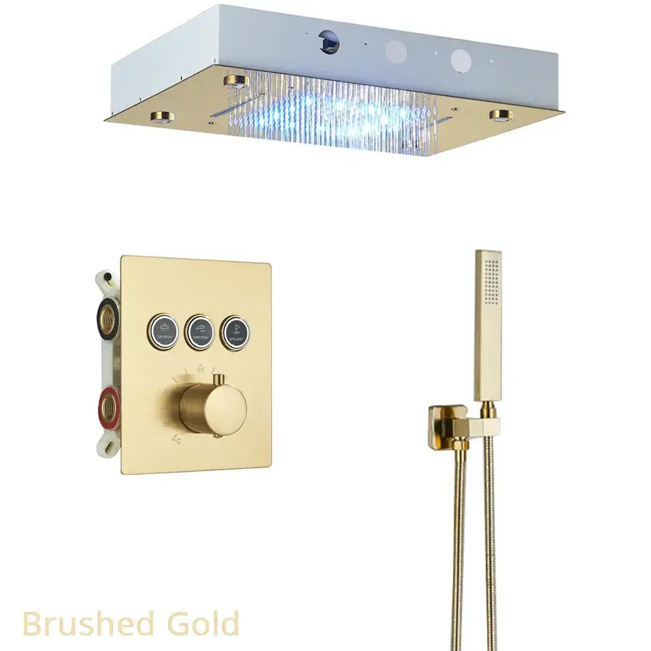 Brushed gold rainfall waterfall head with integrated led lighting and multiple spray settings for bathroom use