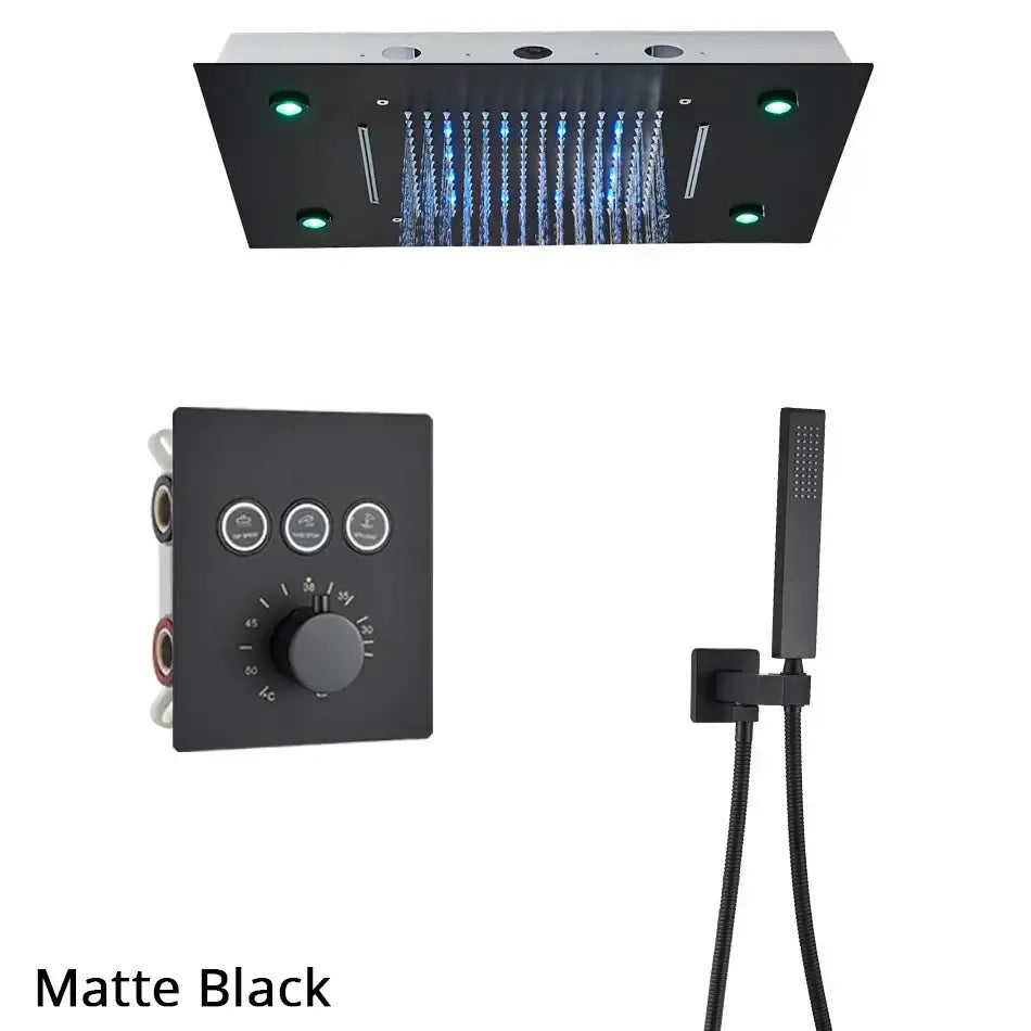 Matte black rainfall waterfall head with led lighting and multiple spray nozzles for bathtub mixer tap system