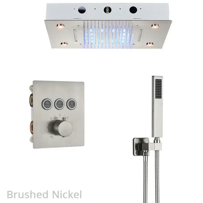 Brushed nickel rainfall waterfall head bathroom system with blue led lights, wall-mounted control, and bathtub mixer tap