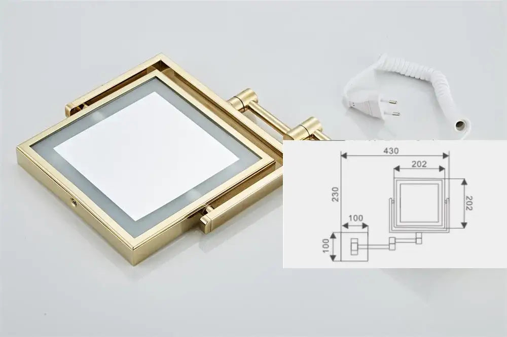Gold led wall mounted folding square makeup mirror with led light fixture and included power cord by decorbites gold led